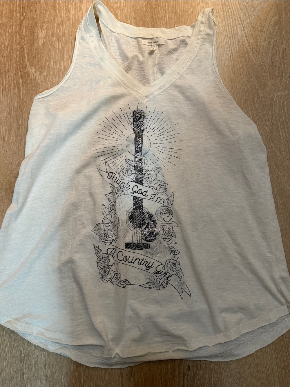 Maurices White Graphic V-Neck Tank Top with Guitar Print